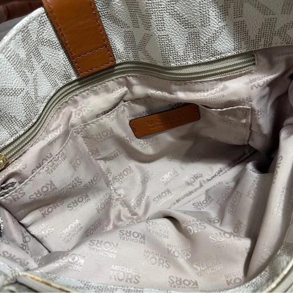 MICHAEL KORS Hamilton White Monogram Tote with Brown Leather Trim - Picture 6 of 13